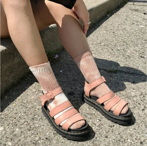 pink naturally dyed socks wearing pink sandals